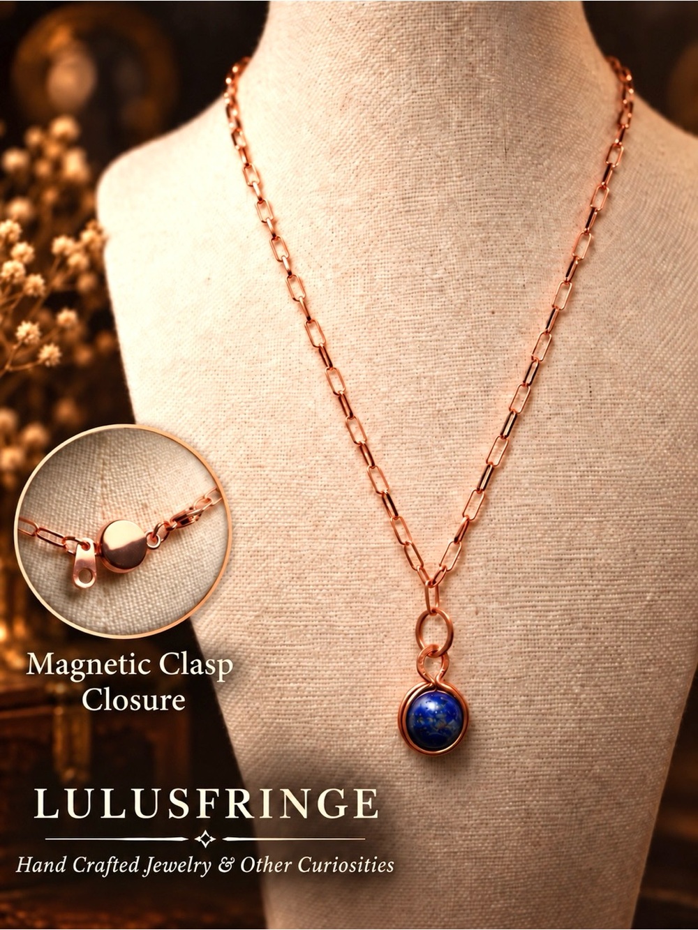 Pendant Copper Paper Clip Chain Necklace with Blue Lapis Artisan Wrap Stone